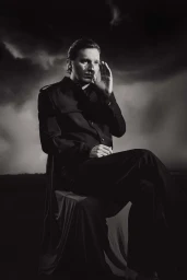 Monochrome portrait of a man in a dark coat seated outdoors against a stormy sky, captured by Isaac Anthony.