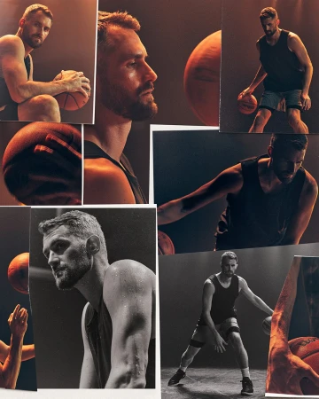Collage of photographic prints featuring a bearded male athlete in a black tank top handling a basketball by Isaac Anthony