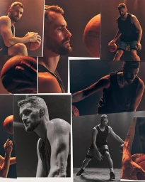 Collage of photographic prints featuring a bearded male athlete in a black tank top handling a basketball by Isaac Anthony