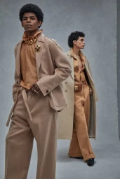 Two male models in matching camel-colored suits and coats posing against a grey textured studio backdrop by Isaac Anthony.