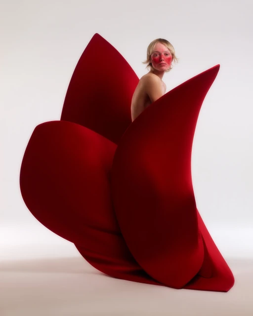 Striking image of a fair-skinned adult woman with red face paint emerging from a large, sculptural red fabric flower against a white background.