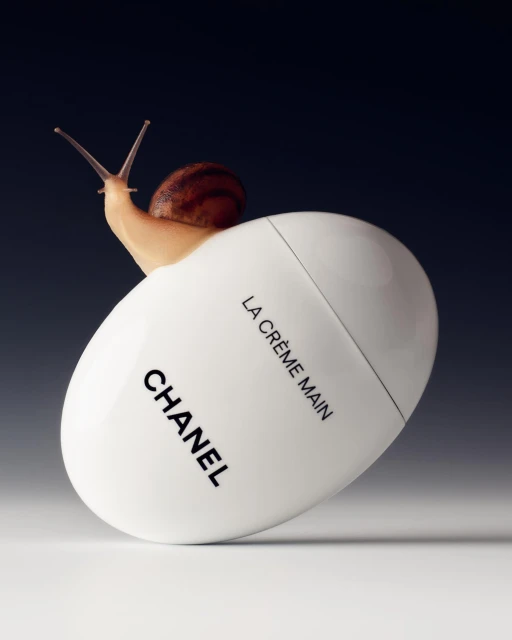 Snail crawling on a Chanel La Crème Main hand cream container against a gradient dark-blue and white background in a beauty shot.