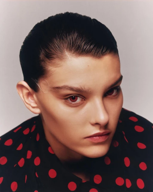 Close-up portrait of a young adult female with dark hair wearing a black shirt with red polka dots, looking directly at the camera.