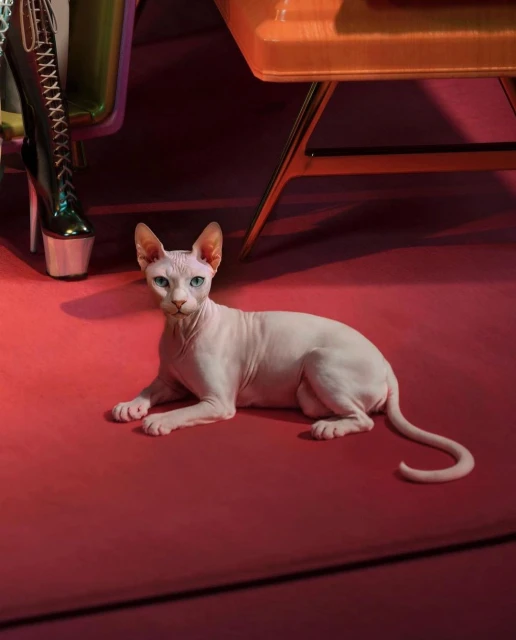 Hairless Sphynx cat lounging on a red surface next to a glossy platform boot and mid-century modern orange side table in a studio.