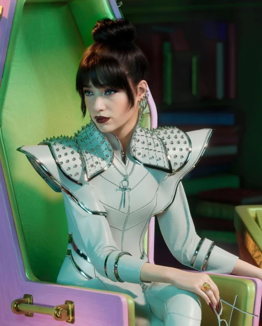 Portrait of woman with dark hair and white spiked outfit seated in lavender coffin-shaped chair, featuring unique fashion and set design.