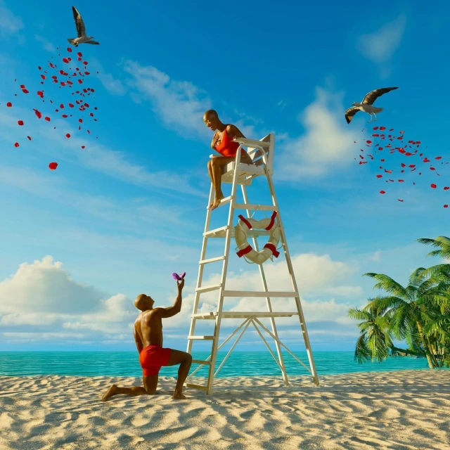 Man proposing with a ring to a woman seated on a lifeguard tower on a sandy beach with palm trees, blue sky, and seagulls.