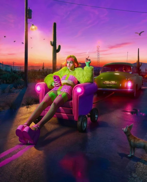Whimsical image of a woman in a neon outfit lounging in a pink armchair being pulled by a green vintage car in a desert setting.