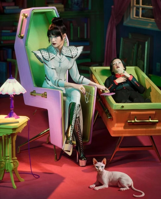 A woman in a white outfit sitting in a coffin chair, beside a coffin containing a doll, and a cat on a red surface in a staged scene.