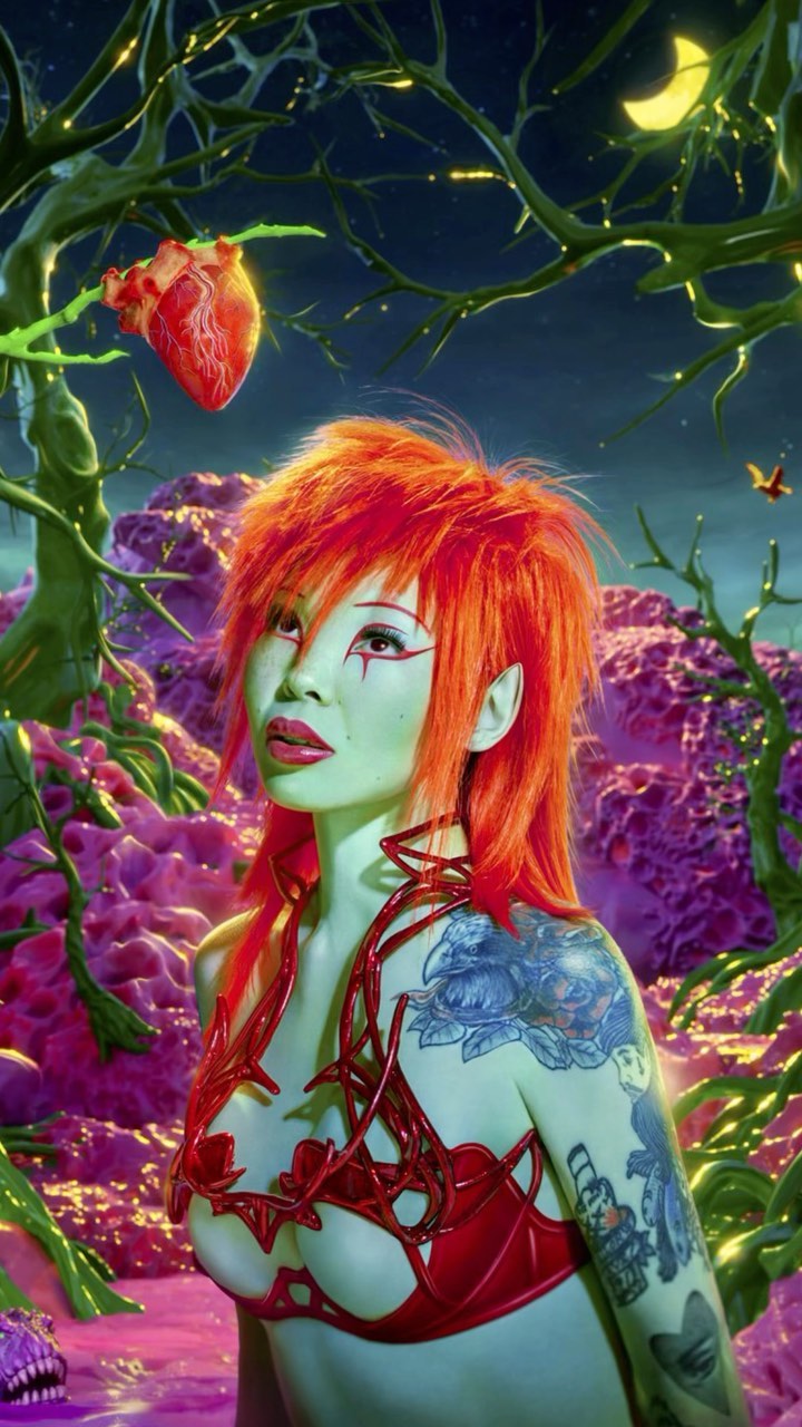 Woman with short red hair and tattoos wears a red geometric top against a stylized fantasy setting with a moon and heart.