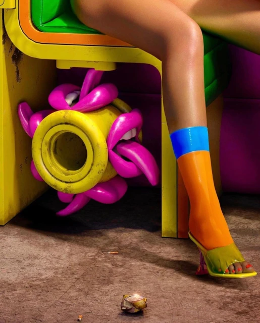 A person's leg with an orange sock and sandal is positioned near a cartoonish yellow object with pink lips and tongues.