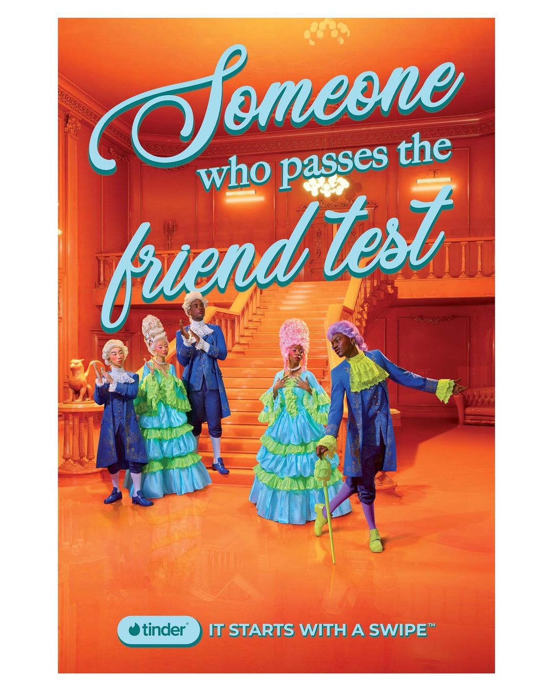 Tinder advert featuring 5 people in period costume, gathered in an orange interior. Text reads: Someone who passes the friend test.