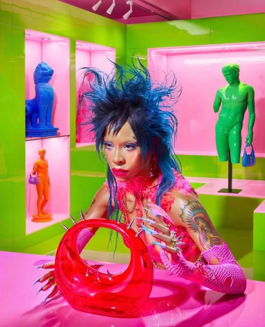 Woman with blue spiky hair poses with a spiked red handbag in a green and pink setting with colorful statues in the background.