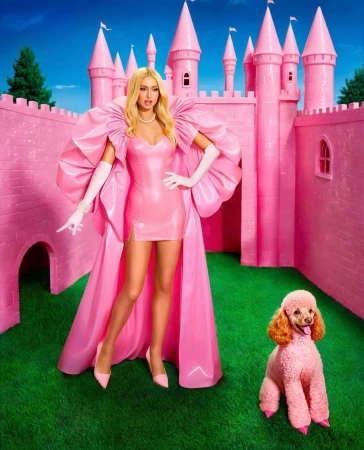 Woman in pink dress poses with poodle in front of a pink castle under a blue sky, creating a whimsical fashion portrait.