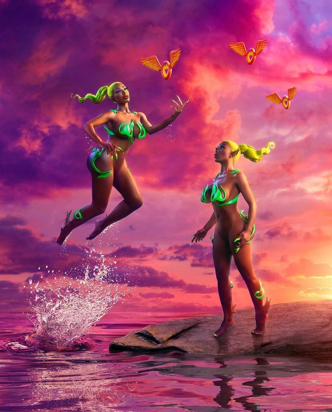 Two figures with stylized green accents pose near water under a dramatic sky, accompanied by winged heart-shaped objects in a surreal landscape.