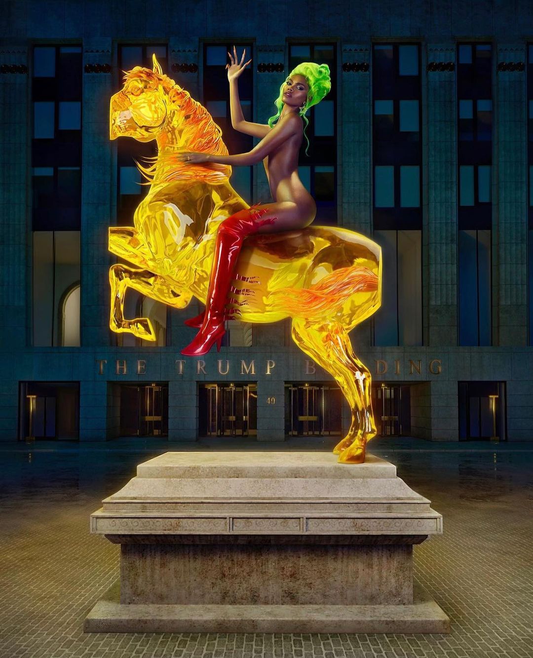 Woman with green hair and red boots poses atop a sculpture of a horse in front of The Trump Building in an editorial style image.