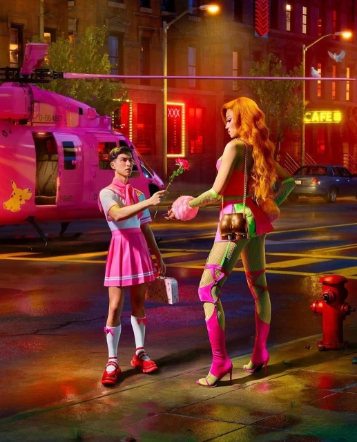 Two people stand in a street; one presents a rose to the other, a pink helicopter is in the background, and a cafe is visible in the city.