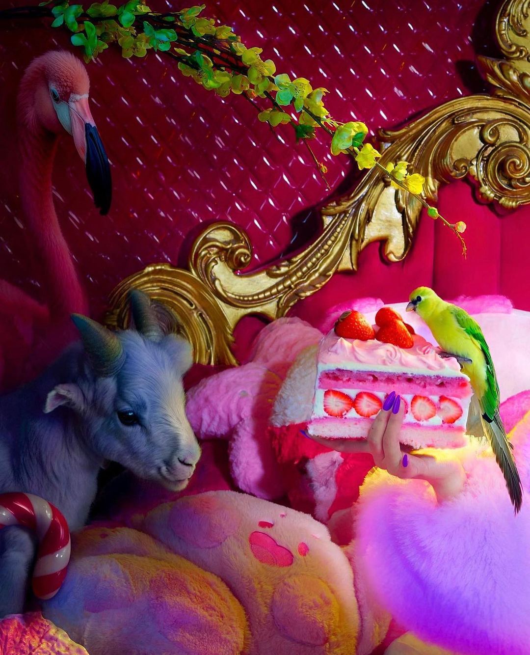 Surreal still life with a slice of cake, flamingo head, goat figurine, and stuffed animals, illuminated with vibrant pink and purple lighting.