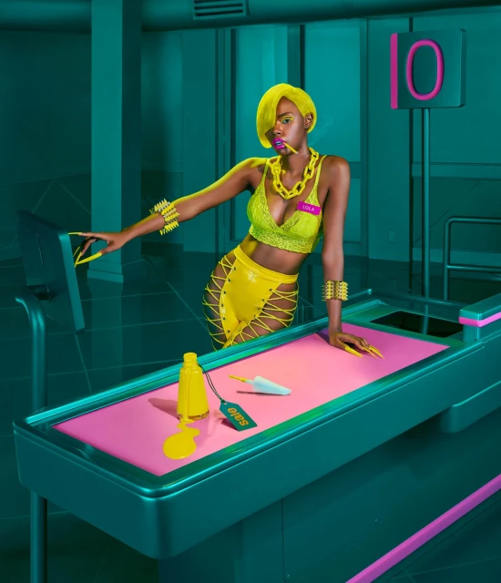 A black woman with yellow hair and a lace outfit stands at a retro-styled checkout counter in a vibrant, stylized retail setting.