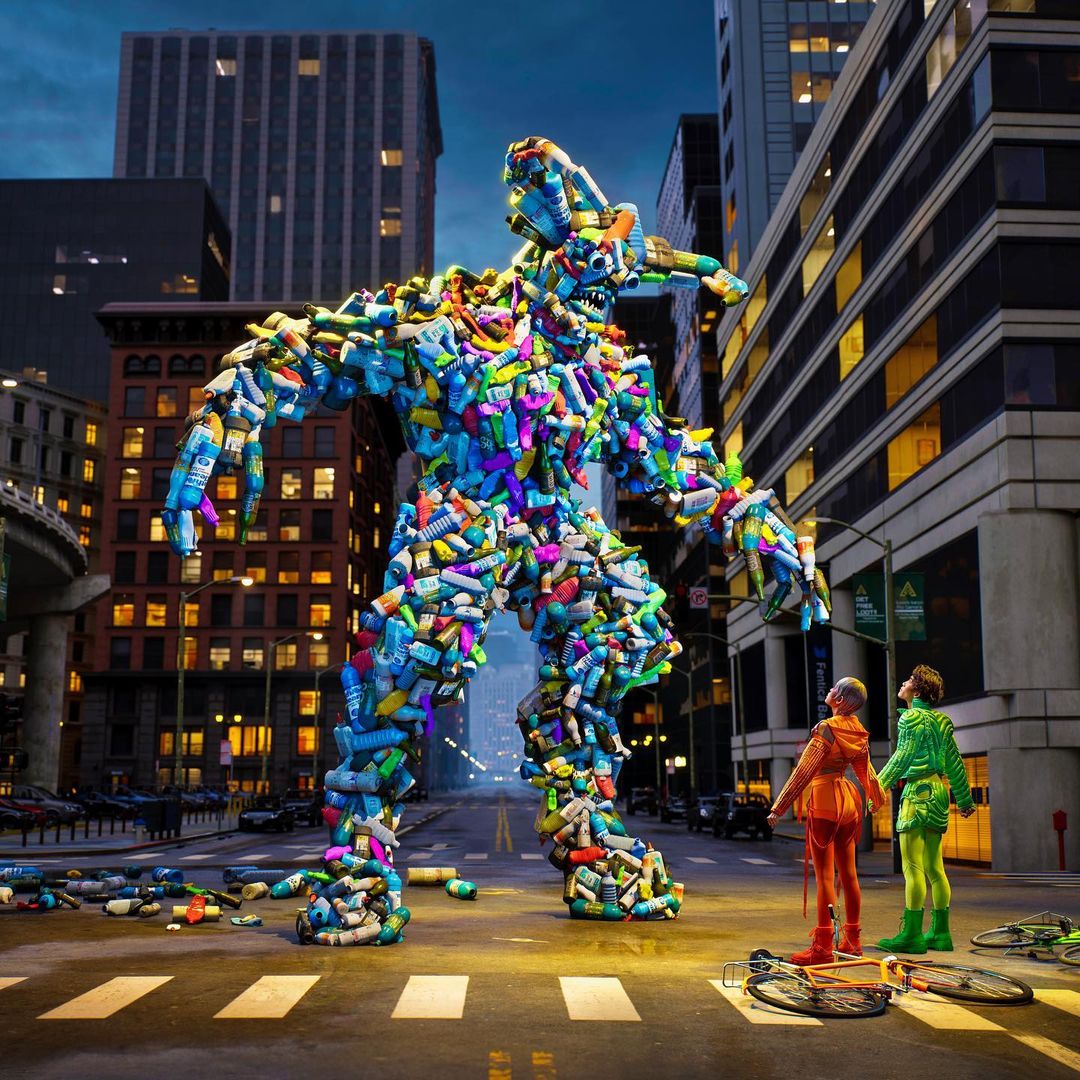 Giant humanoid figure formed from plastic waste dominates a city street as two people in costumes look on, buildings and urban landscape.