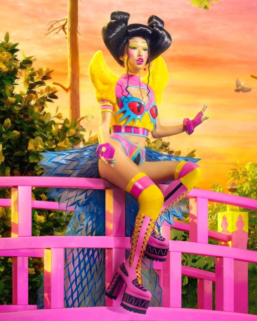 Asian woman in avant-garde fashion seated on pink bridge, wearing yellow and pink outfit with platform boots in an outdoor setting.