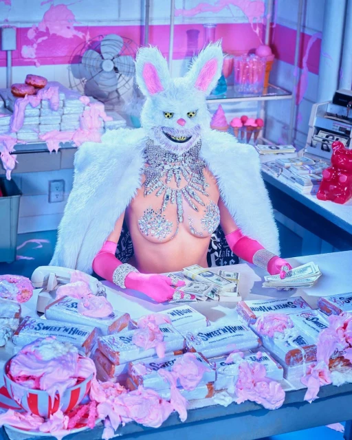 Person wearing a white bunny mask and sparkly bra stands behind a counter with snacks, money, and a vintage telephone in an indoor setting.