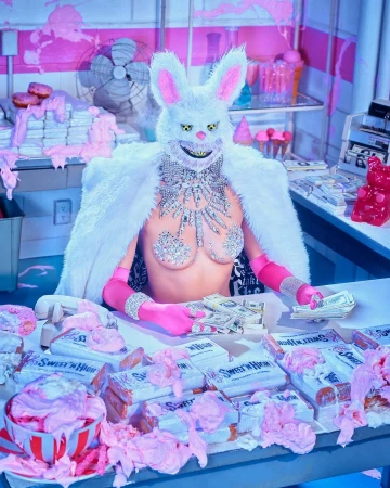 Person wearing a white bunny mask and sparkly bra stands behind a counter with snacks, money, and a vintage telephone in an indoor setting.