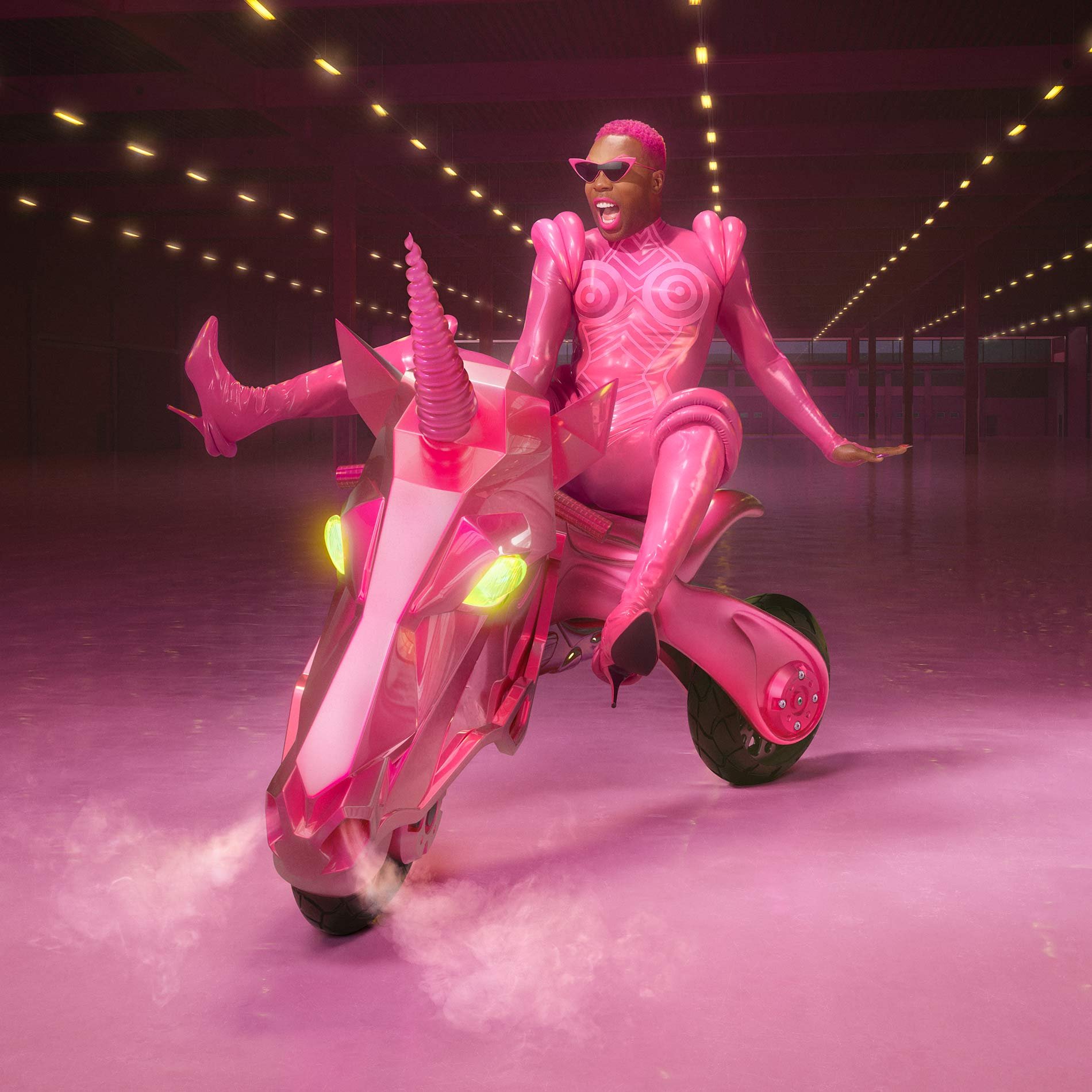 Adult with pink hair and sunglasses rides a pink unicorn motorcycle in a studio with bright background lighting and special effects.