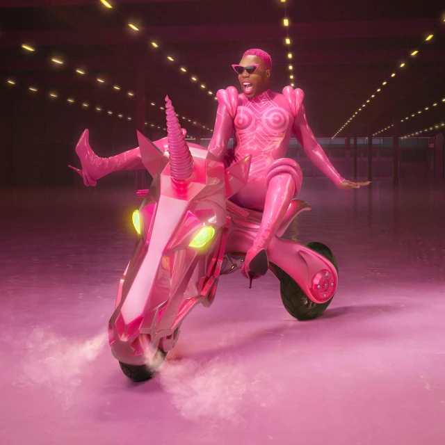 Adult with pink hair and sunglasses rides a pink unicorn motorcycle in a studio with bright background lighting and special effects.