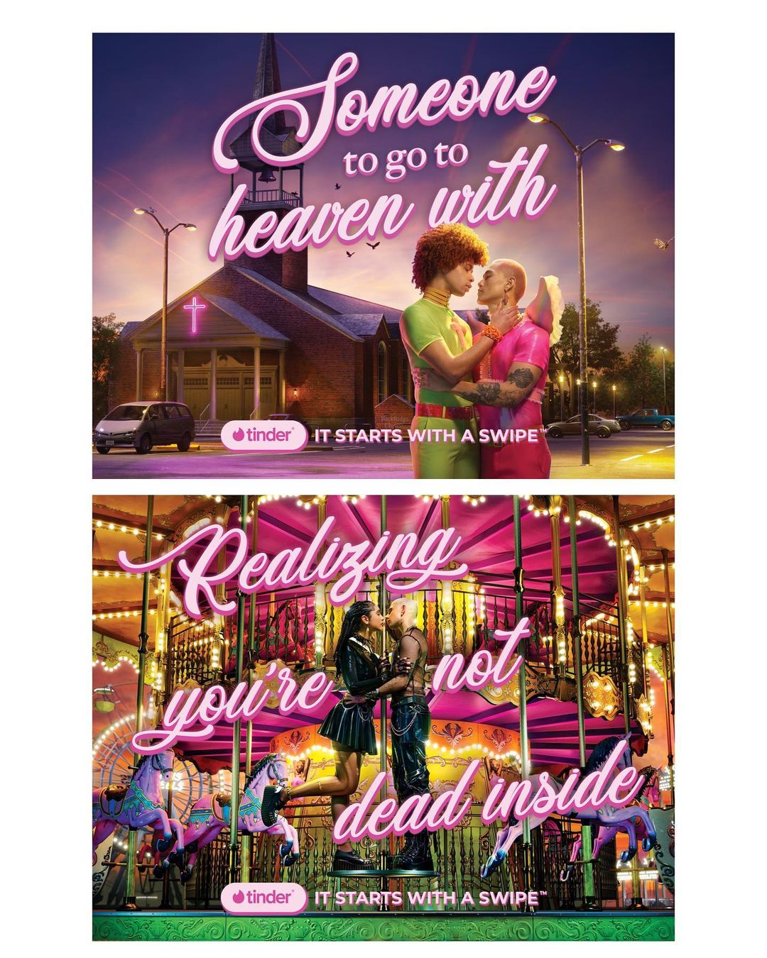 Tinder ad featuring two men in love by a church, and a man and woman in love on a carousel, with stylized text and the Tinder logo.