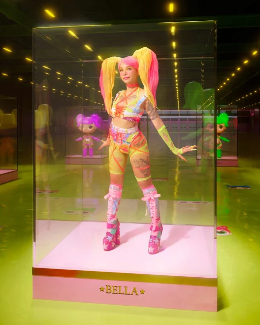 Woman with pink and yellow hair poses in a colorful outfit in a glass display case on a light green floor in a museum-like setting.