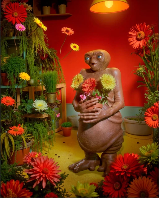 E.T. the Extra-Terrestrial figure holding a pot of flowers amidst a room filled with gerbera daisies and potted plants.