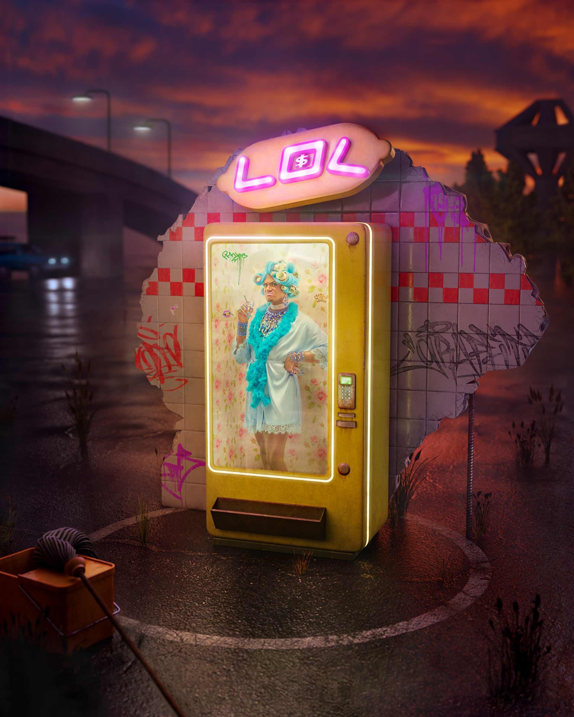 A stylized image features an elderly woman inside a vintage vending machine with neon 'LOL' sign on top, set against urban background.
