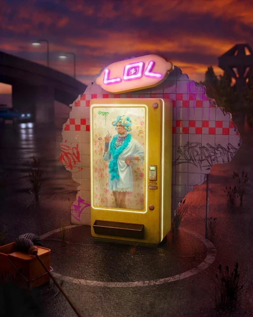 A stylized image features an elderly woman inside a vintage vending machine with neon 'LOL' sign on top, set against urban background.