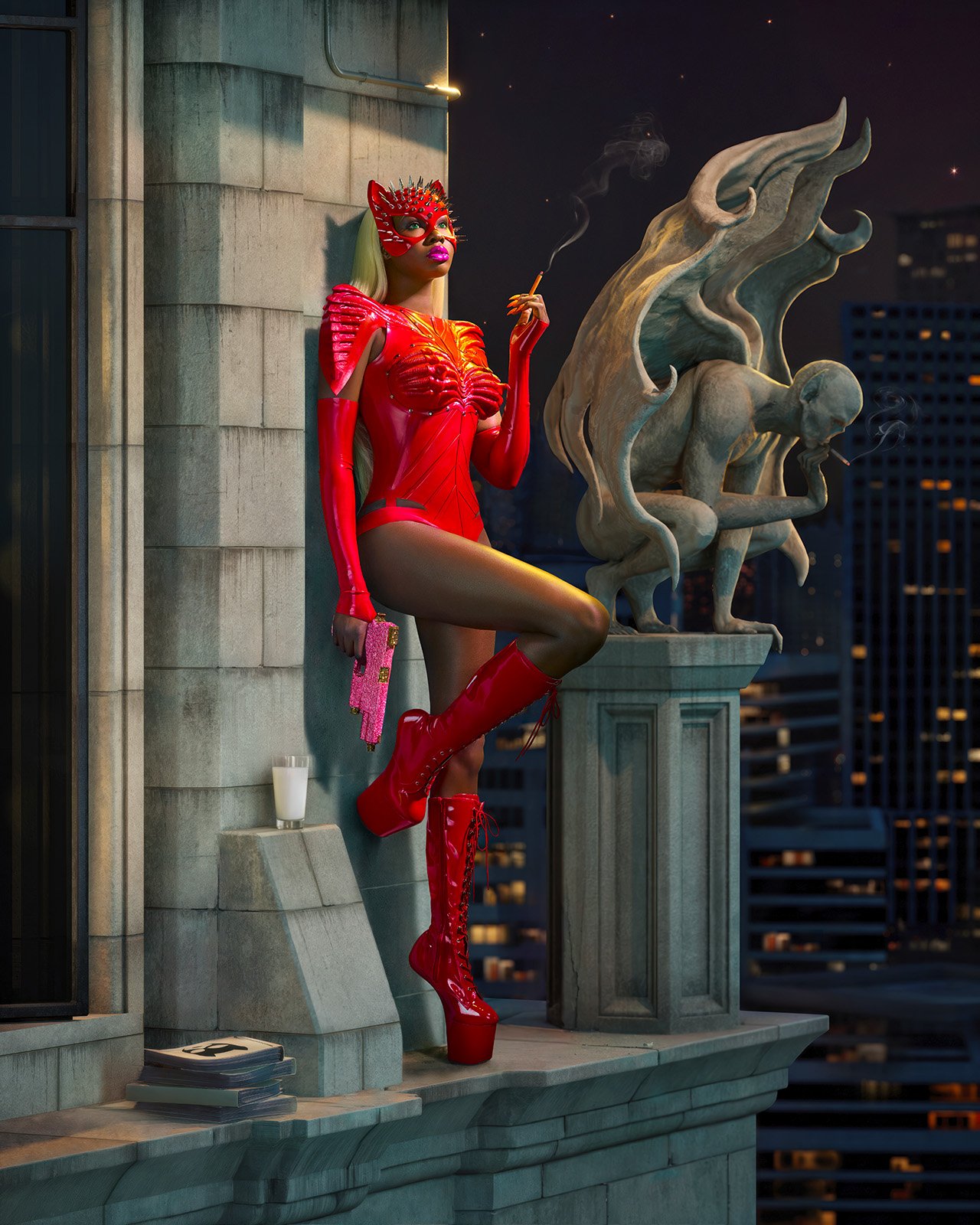 An adult female with feline mask poses on a rooftop ledge with a statue smoking with an urban night scene as the backdrop.