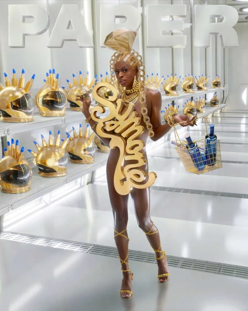 A dark-skinned model with an elaborate golden headdress, jewelry, and heels, stands in a sleek, white set, holding a logo and basket of SKYY vodka.