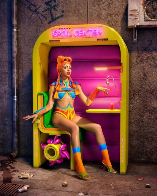 Glamorous woman in futuristic bikini sits in a yellow "Spoil Center" booth with creative makeup and hairstyle, set in a gritty urban alley.
