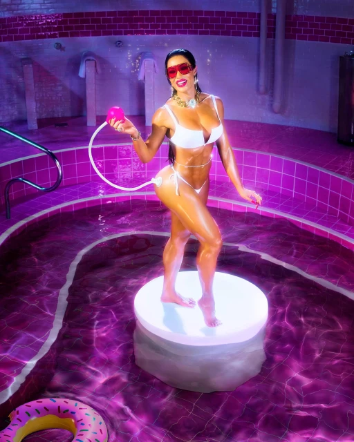 Woman in white bikini and red sunglasses stands on a round pedestal in a pink tiled indoor pool holding a pink device.