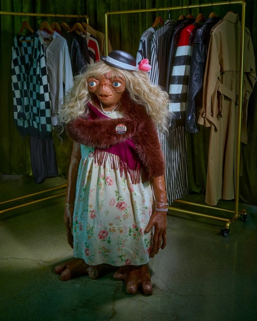E.T. character in a blonde wig, hat, and dress poses in front of a clothing rack filled with garments in a studio setting.