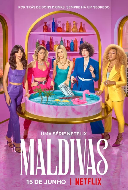 Five women pose in colorful outfits around a table with water and pink flamingo. Promotional image for the Netflix series 'Maldivas'.