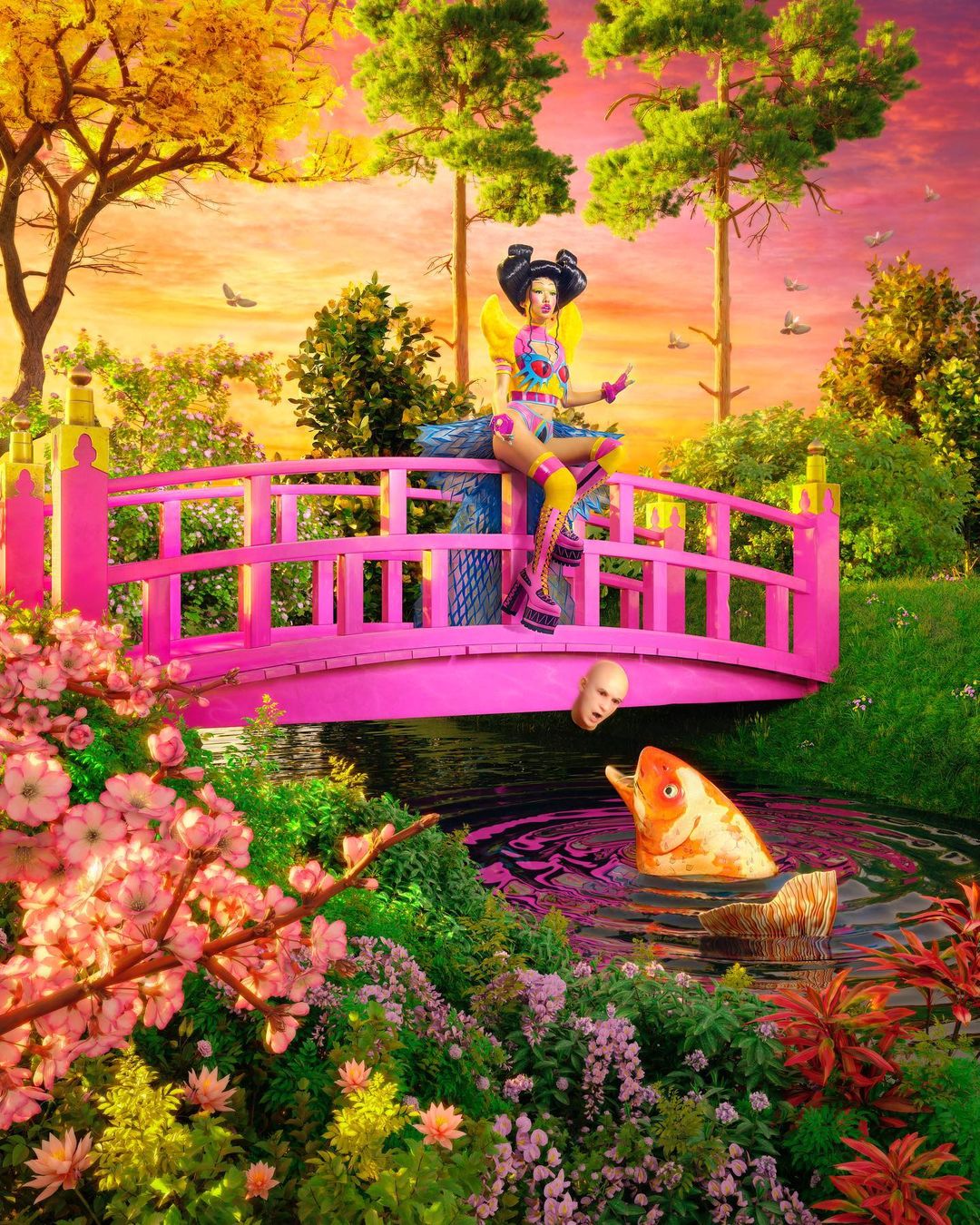 A surreal digital composite features a woman in fantasy-inspired garb on a bridge above a pond with a fish and floating head.
