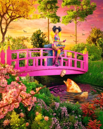 A surreal digital composite features a woman in fantasy-inspired garb on a bridge above a pond with a fish and floating head.