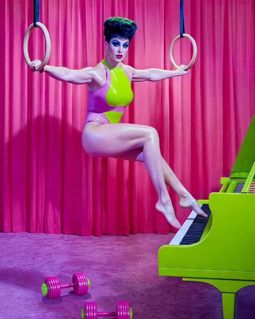 A woman in a pink and green leotard balances on gymnastics rings while touching a lime green piano with her toes in studio shot.