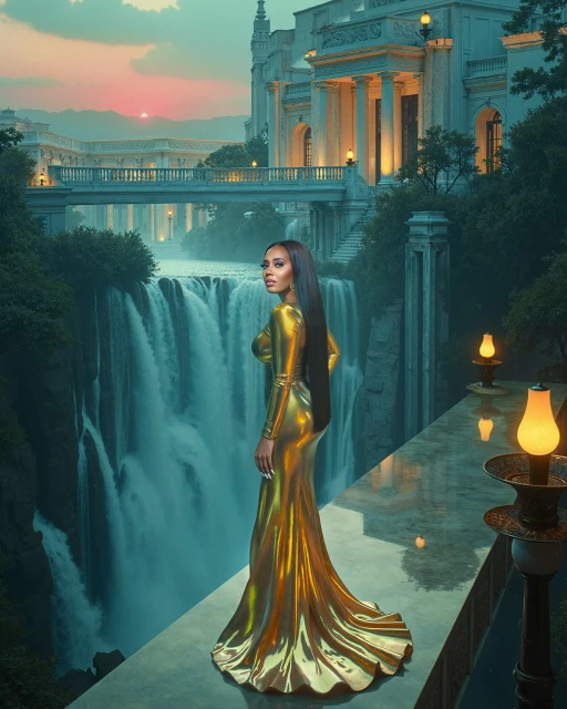 Elegant woman in gold gown stands on a ledge with waterfall and neoclassical architecture in the background at dusk.