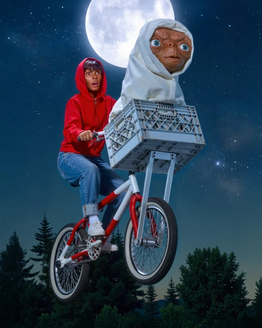 Person in a red hoodie riding a bicycle with a blanket-covered figure in a basket, set against a backdrop of a full moon and stars.