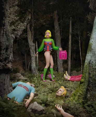 Woman in theatrical attire stands in a forest scene with fallen figures, holding a pink gas can, evoking an eerie, staged narrative.