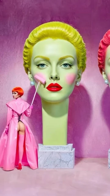 Three mannequin busts with pink blush and a doll in a pink dress holding a paintbrush, standing on a pink floor against a pink wall.