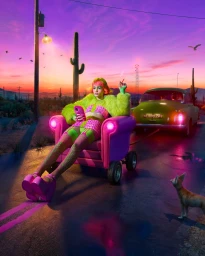 Woman in neon green furry coat sitting in a wheeled pink armchair on a desert highway at sunset by Pol Kurucz