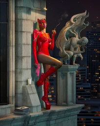 A person in a red latex catsuit and spiked mask smoking on a stone rooftop next to a gargoyle statue