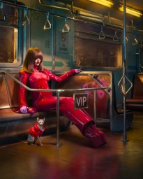 Woman in red latex jumpsuit and platform boots seated on subway car with hairless cat wearing red sweater
