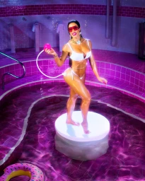 Woman in white bikini and red sunglasses holding pink pump in pink pool by Pol Kurucz